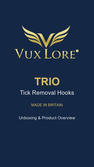 VuxLore TRIO tick removal hooks unboxing video showing the packaging and three different-sized hooks, with close-up views of their T-handles and precision tips.