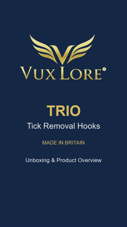 VuxLore TRIO tick removal hooks unboxing video showing the packaging and three different-sized hooks, with close-up views of their T-handles and precision tips.