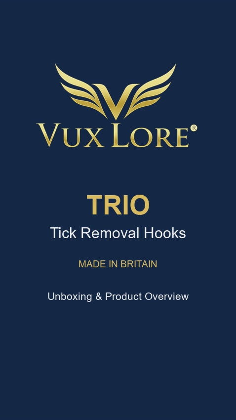 VuxLore TRIO tick removal hooks unboxing video showing the packaging and three different-sized hooks, with close-up views of their T-handles and precision tips.