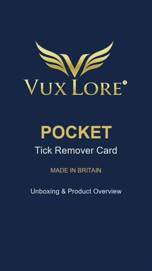 VuxLore POCKET tick remover card unboxing video showing the packaging and compact 8-in-1 tool, with close-up views of its four tick removal slots and comb teeth.