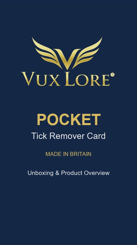 VuxLore POCKET tick remover card unboxing video showing the packaging and compact 8-in-1 tool, with close-up views of its four tick removal slots and comb teeth.