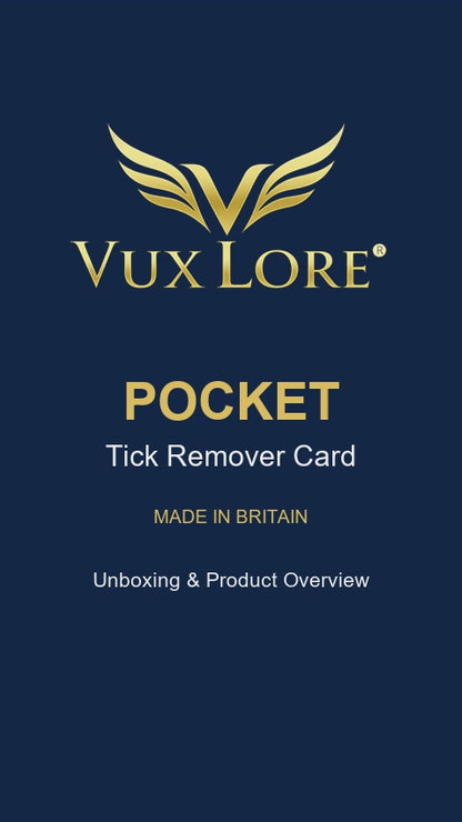 VuxLore POCKET tick remover card unboxing video showing the packaging and compact 8-in-1 tool, with close-up views of its four tick removal slots and comb teeth.